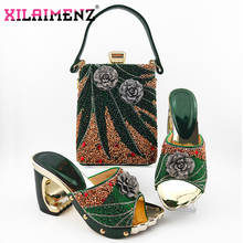 2020 Dark Green Color Nigeiran Women Shoes and Bag to Match African Lady Shoes Match Bag for Wedding with Shinning Crystal 2024 - buy cheap