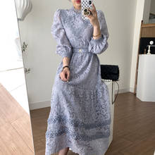 Jsxdhk vestido rendado elegante coreano chique primavera feminino com gancho vestido vintage com gola alta cintura justo vestido longo 2024 - compre barato