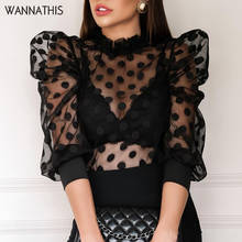 WannaThis Puff Sleeve Dots Print Blouse Women Elegant Mesh See-through Long Sleeve Blouse Ruffles Sexy Lady Dots Top Spring New 2024 - buy cheap