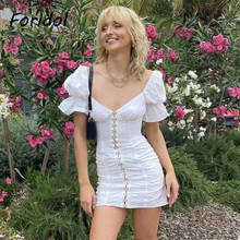 Foridol Puff Sleeve Bodycon White Dress Women Elegant Ruched Summer Beach Short Dress 2021 Vintage V Neck Holiday Dress 2021 2024 - buy cheap