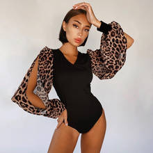 BKLD Vintage Spring/Summer 2021 New V-Neck Hollow Out Leopard Printed Sleeve Patchwork Sexy Slim Bodysuits Women Clothes Fashion 2024 - buy cheap
