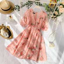 Vestido de primavera-verano con estampado Floral para mujer, escote en V, cintura alta, ajustado, dulce 2024 - compra barato