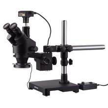 Microscópio amescopo 7x-45x com zoom estéreo trinocular, suporte de braço único, anel com led 144, câmera usb3.0, 3mp 2024 - compre barato