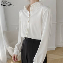 Camisa feminina manga longa bordada, blusa branca chiffon outono, elegante, simples, solta, com contas, 11430 2024 - compre barato