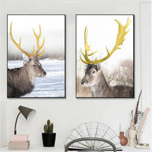 Gold Elk Deer Forest Landscape Wall Art Canvas Painting Nordic Posters Prints Wall Canvas Pictures For Living Room Home Decor 2024 - buy cheap