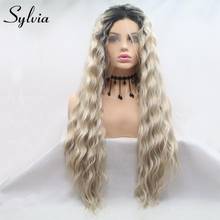 Sylvia длинный кудрявый парик из искусственных светлых кружевных передних париков темно-корень средняя часть два тона термостойкие волокна волос натуральный волос 2024 - купить недорого