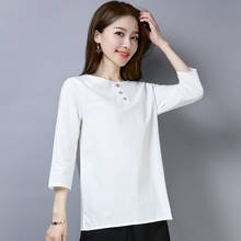 Женская блузка из хлопка и льна, однотонная Повседневная Свободная офисная рубашка с рукавом три четверти, осень 2019 2024 - купить недорого