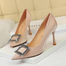 Spring new sexy stilettos women's shallow mouth pointed toe rhinestone square buckle single shoes large size formal wedding shoe 2024 - buy cheap