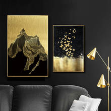 Pintura en lienzo de paisaje de mariposa de montaña dorada y negra abstracta, arte nórdico de pared, carteles modernos e impresiones, decoración del hogar 2024 - compra barato