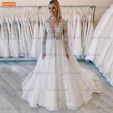 Luxury Lace Wedding Dresses V Neck White Appliqued Tulle Ball Gown Bridal Dress Long Sleeves Corset Custom Made Vestido De Noiva 2024 - buy cheap