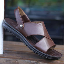 Sandália masculina de couro legítimo, calçado sandália rasa para praia, férias, couro bovino, sapato preto, verão, 2020 2024 - compre barato