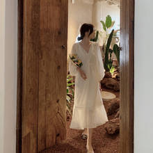 Verano de las mujeres Vestidos de estampado Floral Puff manga cuello en V gasa elegante blanco Maxi Vintage, vestido 2024 - compra barato