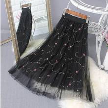 New Spring Summer Net Yarn Lace Skirts Embroidery Pleated Skirts Slim Gauze Skirt Midi Women Graceful Long Skirts Female Fashion 2024 - buy cheap