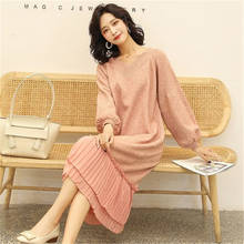 2022 Long Sweater Knitted Dress Autumn Winter Women's Clothing Elegant v-neck Chiffon Stitching Dress G555 2024 - buy cheap