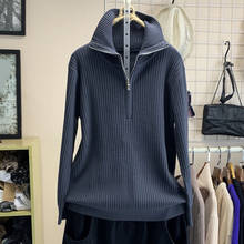 Suéter feminino de malha quente, pulôveres de zíper e gola alta, solto, roupa externa para mulheres 2024 - compre barato