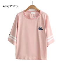 Merry Pretty Harajuku Kawaii T Shirt Women T-shirt Cotton Tee Kawai Cat Fish Emberoidery Funny Tee Tops Shirt Camiseta Tassels 2024 - buy cheap