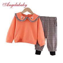 Gilrs autumn fashionable clothes lapel embroidery long sleeve tops+pants 2 pcs children's clothing sets kids cute plaid suit 2024 - buy cheap