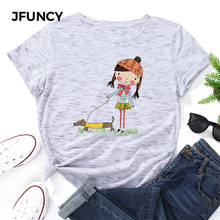 JFUNCY-Camiseta de algodón de talla grande 5XL para mujer, camisetas holgadas con estampado de perro y niña, camiseta informal de manga corta para mujer, Tops de verano para mujer 2024 - compra barato