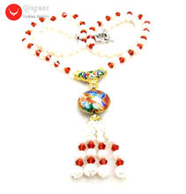 Qingmos-collar redondo de perlas blancas naturales para mujer, colgante de cristal y cloisonné rojo de 18mm, joyería de borla, 5-6mm 2024 - compra barato
