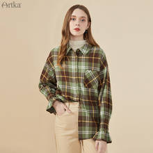 Camisa xadrez vintage feminina, camisa manga longa com gola solta casual artka 2020 2024 - compre barato