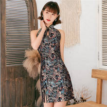 Vestido chinês com botões, vestido estilo vintage, mini vestido justo com divisão alta, tamanho grande, estilo chinês 2024 - compre barato