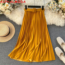 ALPHALMODA 2020 Spring Bright Color Belted Pleated Skirt Elastic High Waist Fashion Women Solid Mid-calf Pleated Skirt 2024 - buy cheap