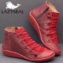 LazySeal Soft Leather Ankle Boots Autumn Vintage Lace Up Women Shoes Flat Heel Boots Female Zipper Short Boots Big size 35-43 2024 - buy cheap