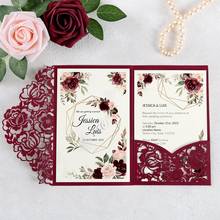 100pcs Burgundy Laser Cut Floral Invitation Cards for Wedding / Party / Quinceanera / Anniversary /  Birthday, CW0008 2024 - buy cheap