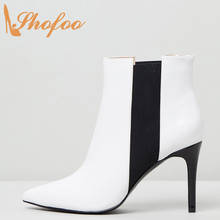 Shofoo White Black Elasticised Gussets Ankle Boots Woman Thin Heels Pointed Toe Booties Ladies Fashion Shoes Large Size 12 15 2024 - buy cheap