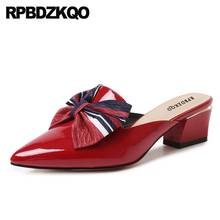 Pointed Toe Green Japanese Patent Leather Autumn Medium Heels Block Luxury Brand Shoes Women Bow Red Genuine 2021 Pumps Thick 2024 - buy cheap