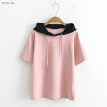 Moletom feminino algodão com capuz, camiseta feminina manga curta casual patchwork bloqueio de cores 2024 - compre barato