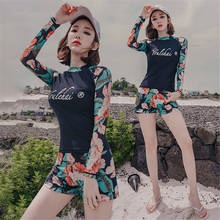 Long Sleeve Two Piece Swimsuit Women Print Swimwear Tankini Rash Guard High Neck Surfing Suit Korea Style Bathing Suit Shorts 2024 - buy cheap
