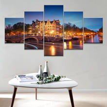 Canvas HD Prints Paintings Home Decor 5 Pieces Amsterdam City Building Night Scenery Poster Modular Pictures Wall Art Framework 2024 - buy cheap