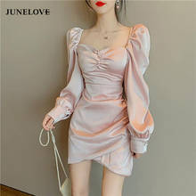 JuneLove Women Mini Short Party Dress Long Sleeve Square Collar Slim Bodycon Dresses Female Chic Korean Fashion Vestidos 2024 - buy cheap