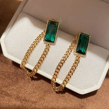 Retro Fashion Rectangle Green Crystal Rear Hanging Chain Long Earring For Women Jewelry Gold Color Tassel Punk INS Wind 2024 - buy cheap