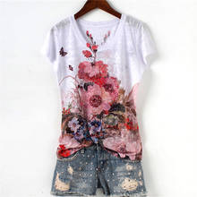 Fashion hot drilling floral double print slim t shirt women 2022 Summer Tee Shirt Femme o-neck short sleeve Tops 2024 - buy cheap