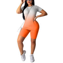 2021 Women 2PCS Sport Set Gradient Pattern Short Sleeve Round Neck Slim Top High Waist Elastic Band Short Pants Tracksuit Set 2024 - buy cheap