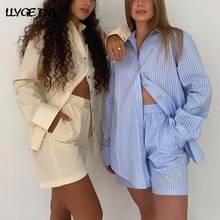 Stripe Shorts Sets Women's Suit Long Sleeve Single Breasted Shirts And Elastic Waist Short 2021 Summer Thin Two Piece Set Womens 2024 - buy cheap