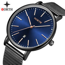 Часы NORTH Мужские кварцевые, роскошные брендовые модные водонепроницаемые повседневные, со стальной сеткой, черные синие 2024 - купить недорого
