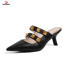 SKLFGXZY 2020 New Gold Studded Slippers Women Pointy Toe Mules Summer Leather Slides Runway Dress Shoes Woman Designer 2024 - buy cheap