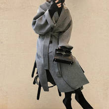 Roupas de inverno para mulheres de lã, sólidas bolsos, faixas longas gola virada para baixo, casaco de lã solto de cinto, casaco coreano feminino, casaco vintage 2024 - compre barato