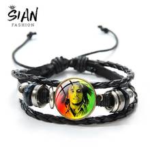 Sian reggae cantor bob marley pulseira homem quente jamaica estrela da música casual pulseiras de couro cúpula vidro multicamadas tecido pulseira 2024 - compre barato