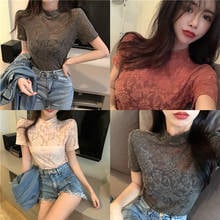 2021 Summer New Women Blouse Sexy Lace Shirt Stand Collar Short Sleeve Transparent Club Crop Top Women Outfit Chemise Blusa 2024 - buy cheap