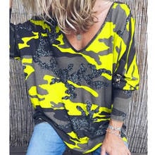 Женская футболка с длинным рукавом и принтом, повседневный Свободный Топ с v-образным вырезом, Осенние Топы больших размеров, футболки 2024 - купить недорого