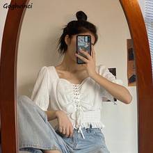 Blusa plisada de manga farol con cuello cuadrado para mujer, Top corto con volantes, estilo coreano, Vintage, Chic, para verano 2024 - compra barato