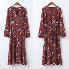 Vestido largo de gasa con estampado Floral para mujer, prenda ceñida al cuerpo, con escote en V, manga larga, informal, Rojo 2024 - compra barato