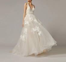 Женское свадебное платье с фатиновой аппликацией, пляжное платье невесты на бретелях-спагетти с V-образным вырезом, 2021 2024 - купить недорого