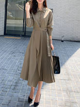 New Fashion Shirt Dress Spring Elegant Long Sleeve Turn Drown Collar Pleated Midi Dress Office Lady Solid Color Lace Up Dress 2024 - buy cheap