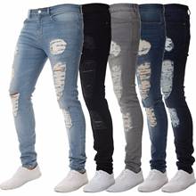 Узкие брюки, мужские джинсовые брюки, повседневные Модные мужские рваные байкерские брюки-карандаш, пикантные Стрейчевые джинсы со средней талией для мужчин, одежда 2024 - купить недорого