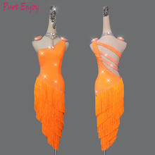 New Latin Dance Dress Women Competition Costumes Custom Practice Skirts Shining Crystal Orange Thick Fringed Latin Dresses 2024 - buy cheap